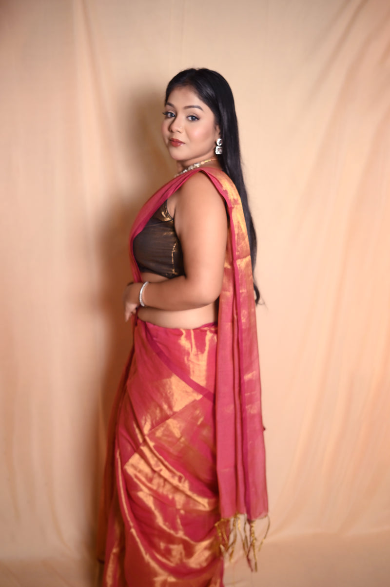 SAREEN Rose Pink Raga Cotton Tissue Saree with Golden Sheen Border