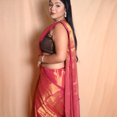 SAREEN Rose Pink Raga Cotton Tissue Saree with Golden Sheen Border