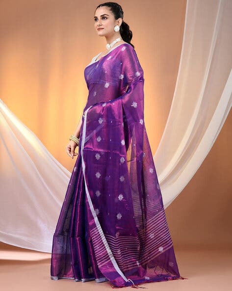 SAREEN Royal Purple Tissue Jamdani Saree with Woven Floral Butis