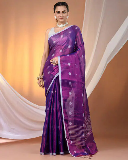 SAREEN Royal Purple Tissue Jamdani Saree with Woven Floral Butis
