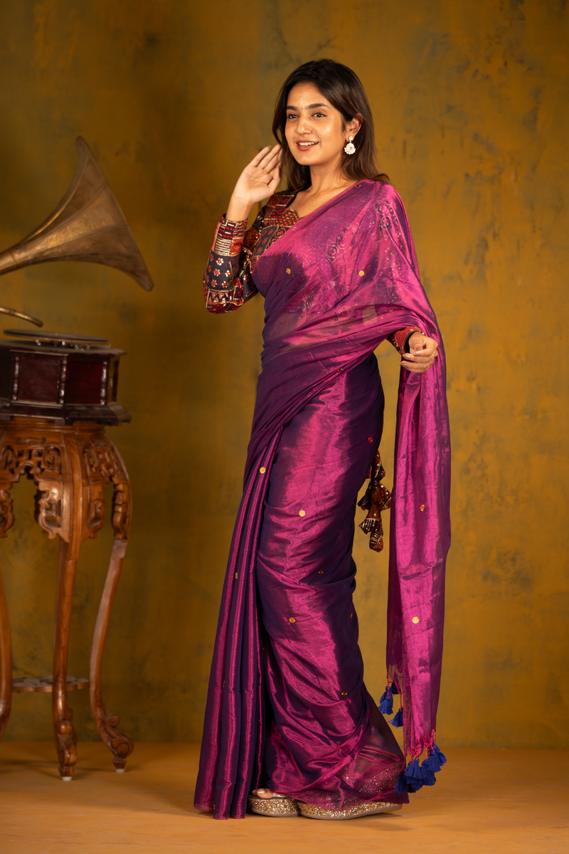 SAREEN Royal Magenta Gini Raga Cotton Tissue Saree with Gold Dot Accents