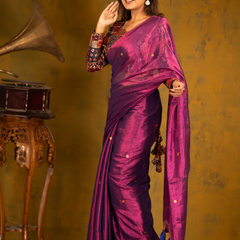 SAREEN Royal Magenta Gini Raga Cotton Tissue Saree with Gold Dot Accents