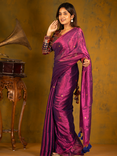 SAREEN Royal Magenta Gini Raga Cotton Tissue Saree with Gold Dot Accents