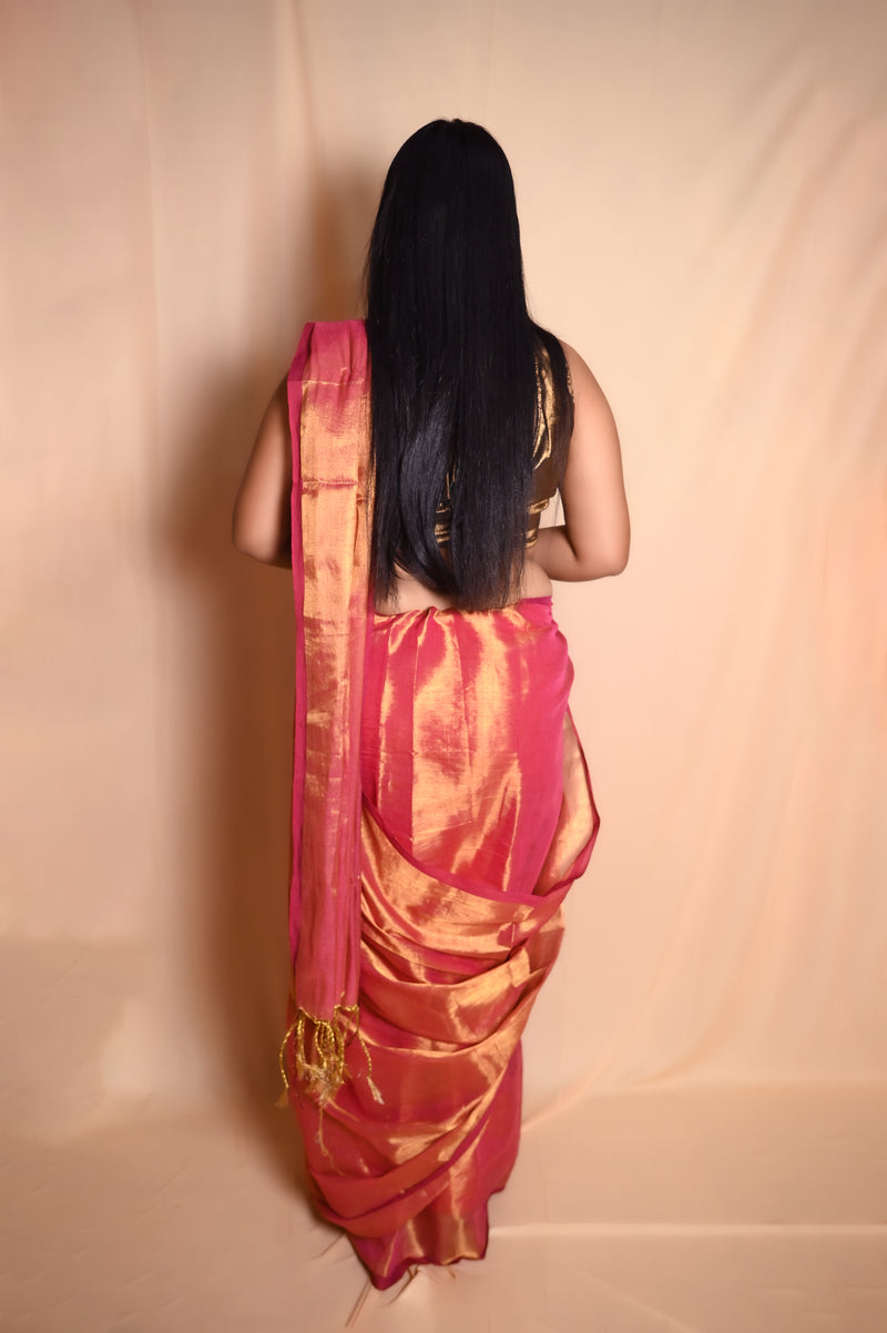 SAREEN Rose Pink Raga Cotton Tissue Saree with Golden Sheen Border
