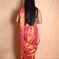 SAREEN Rose Pink Raga Cotton Tissue Saree with Golden Sheen Border