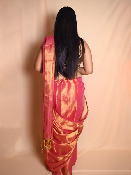 SAREEN Rose Pink Raga Cotton Tissue Saree with Golden Sheen Border