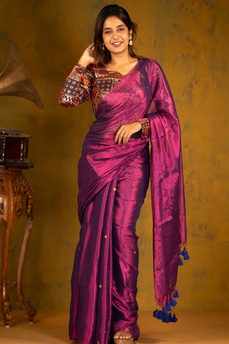 SAREEN Royal Magenta Gini Raga Cotton Tissue Saree with Gold Dot Accents