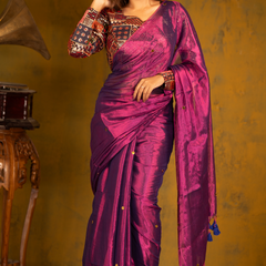 SAREEN Royal Magenta Gini Raga Cotton Tissue Saree with Gold Dot Accents