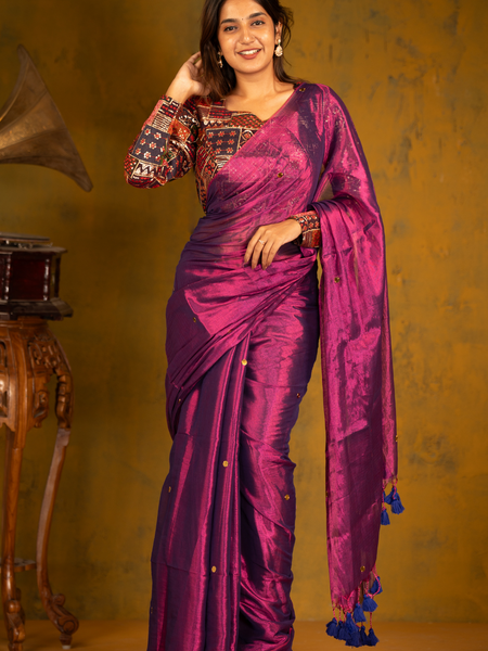 SAREEN Royal Magenta Gini Raga Cotton Tissue Saree with Gold Dot Accents