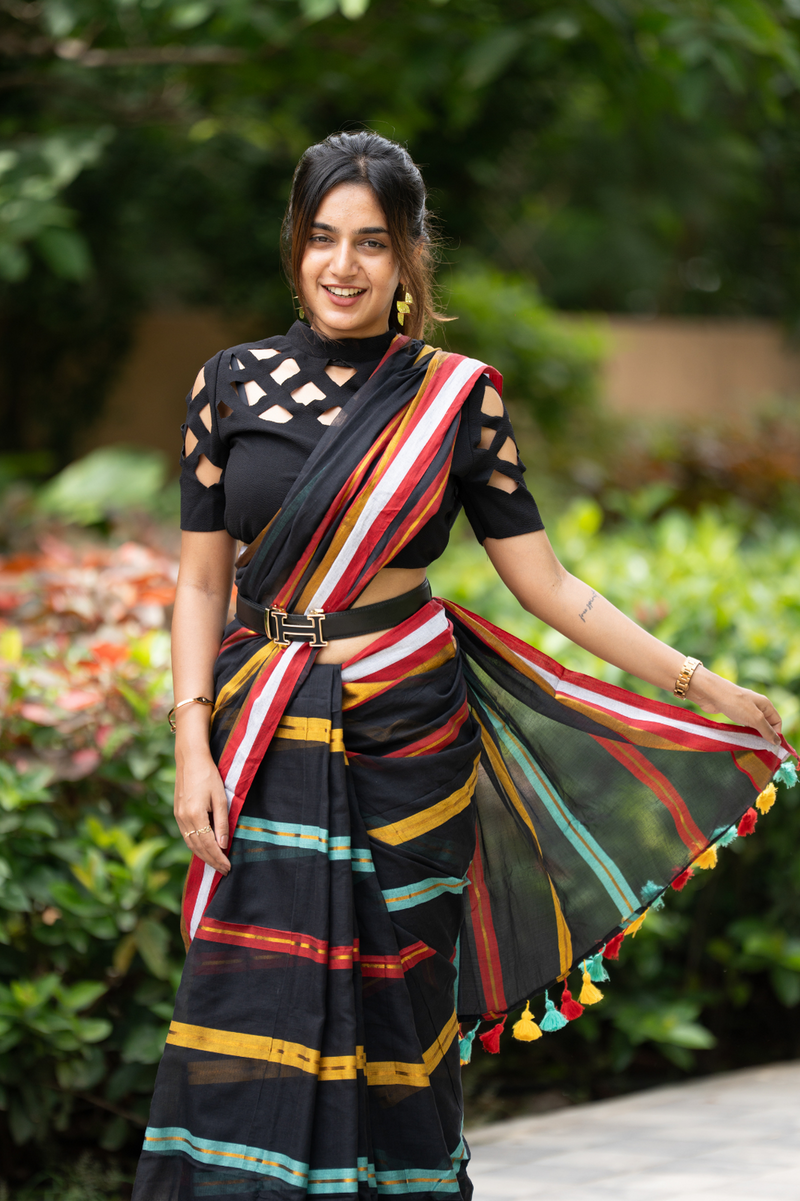 SAREEN Black Striped Mal Cotton Saree with Multicolor Border & Tassels
