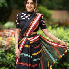 SAREEN Black Striped Mal Cotton Saree with Multicolor Border & Tassels
