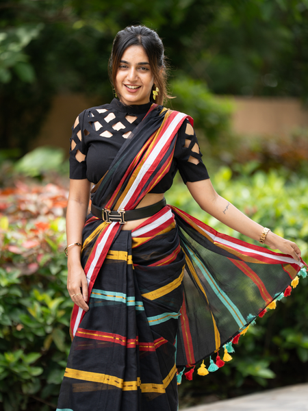 SAREEN Black Striped Mal Cotton Saree with Multicolor Border & Tassels