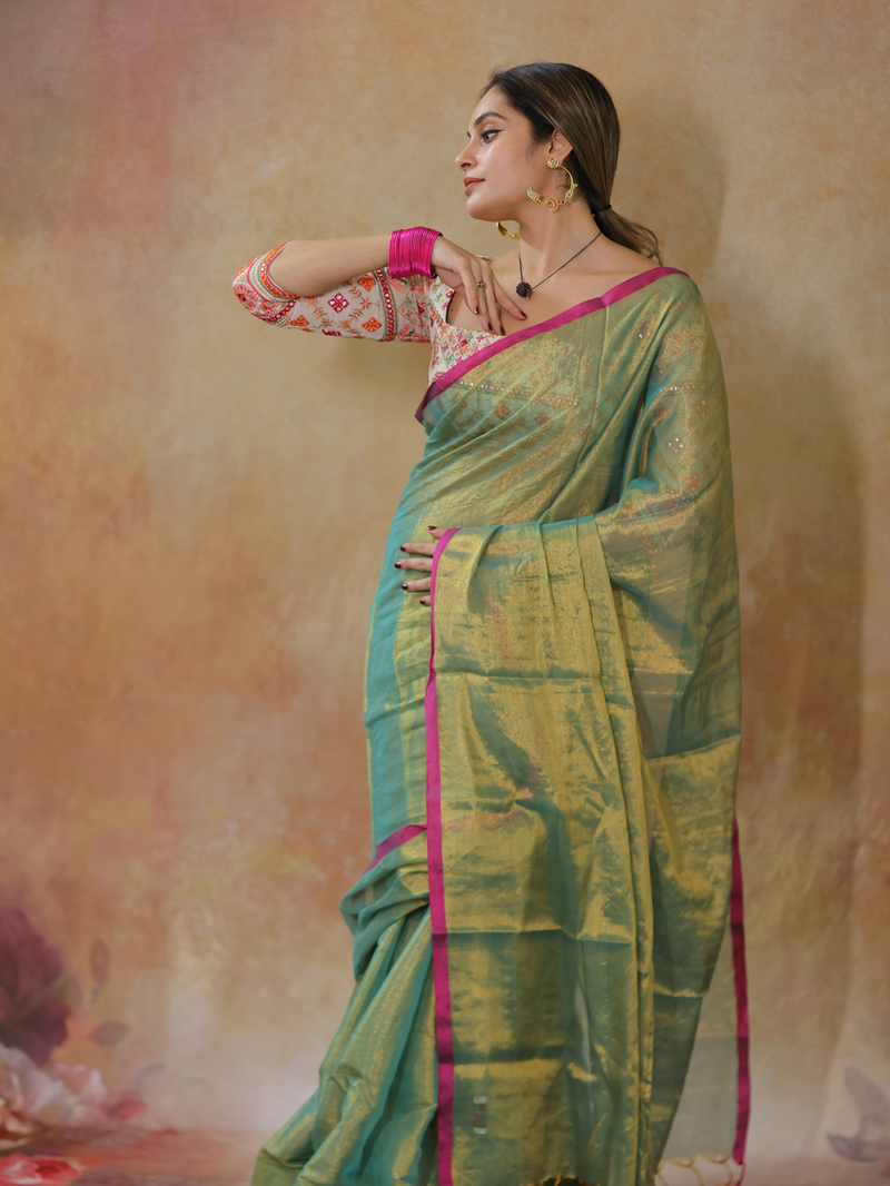 SAREEN Emerald Green Raga Cotton Tissue Saree with Golden Glow