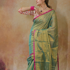 SAREEN Emerald Green Raga Cotton Tissue Saree with Golden Glow