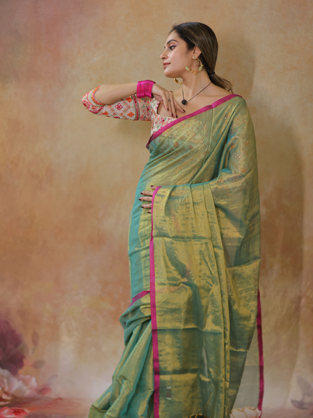SAREEN Emerald Green Raga Cotton Tissue Saree with Golden Glow