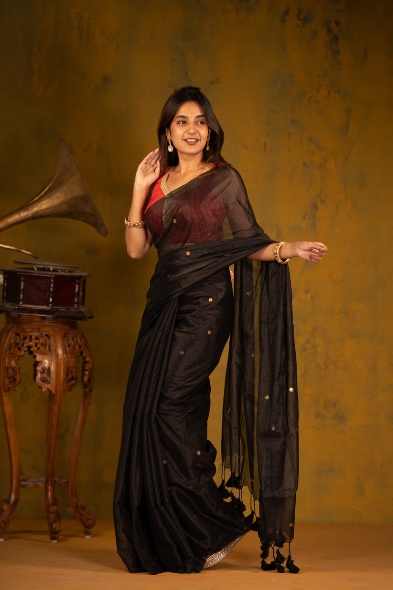 SAREEN Black Gini Raga Cotton Tissue Saree with Subtle Golden Dots