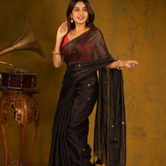 SAREEN Black Gini Raga Cotton Tissue Saree with Subtle Golden Dots
