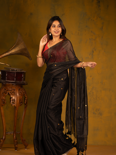 SAREEN Black Gini Raga Cotton Tissue Saree with Subtle Golden Dots