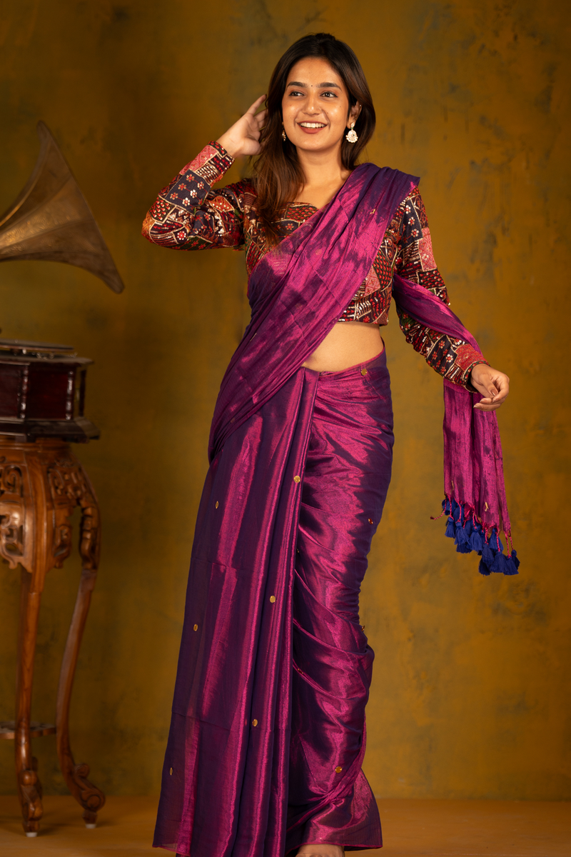 SAREEN Royal Magenta Gini Raga Cotton Tissue Saree with Gold Dot Accents