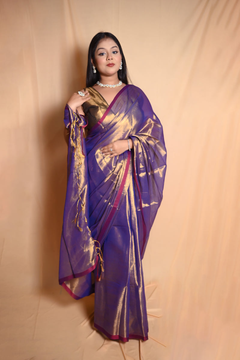 SAREEN Regal Purple Raga Cotton Tissue Saree with Golden Glow