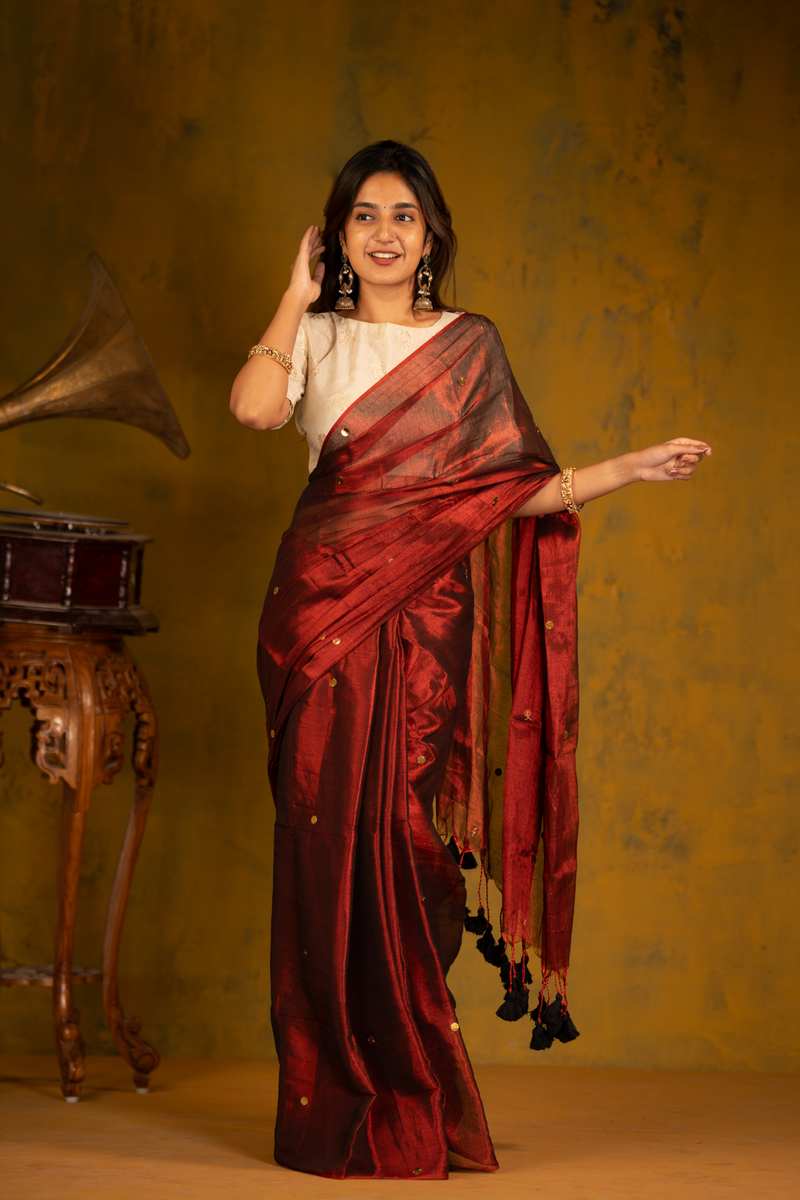 SAREEN Deep Wine Gini Raga Cotton Tissue Saree with Subtle Gold Detailing