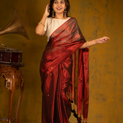 SAREEN Deep Wine Gini Raga Cotton Tissue Saree with Subtle Gold Detailing