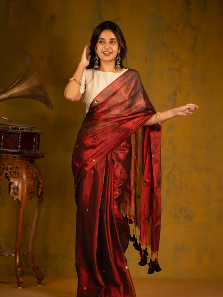 SAREEN Deep Wine Gini Raga Cotton Tissue Saree with Subtle Gold Detailing