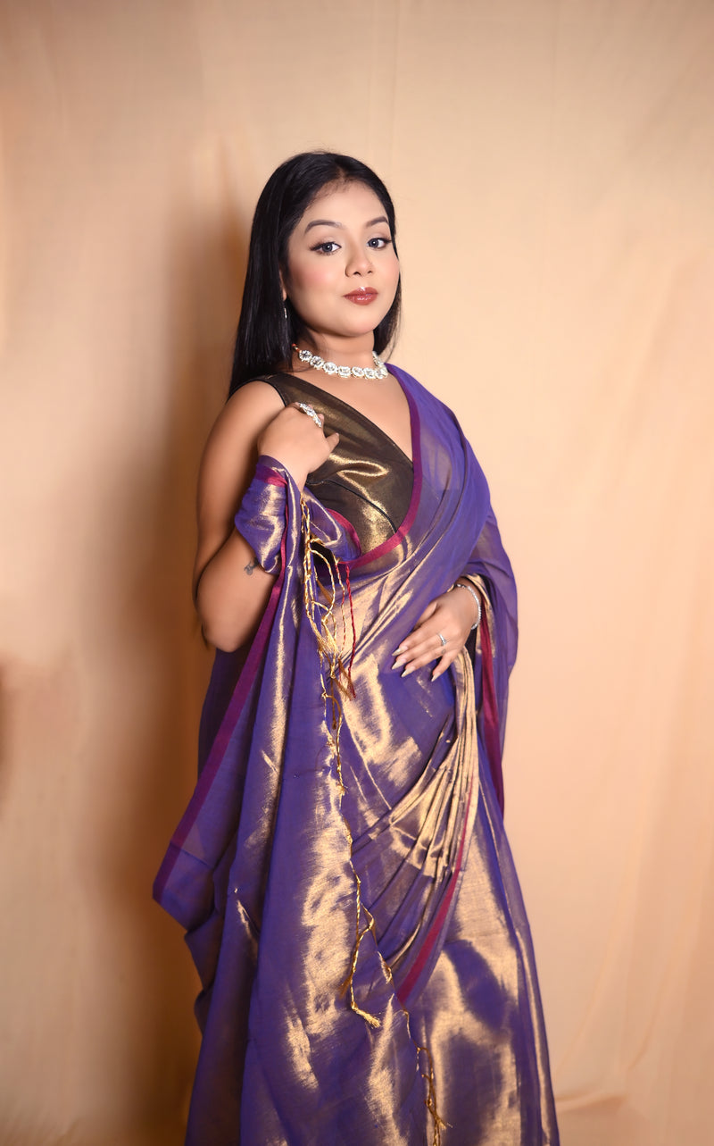 SAREEN Regal Purple Raga Cotton Tissue Saree with Golden Glow