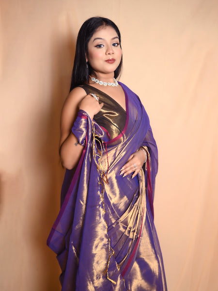 SAREEN Regal Purple Raga Cotton Tissue Saree with Golden Glow
