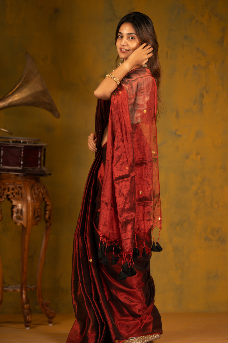 SAREEN Deep Wine Gini Raga Cotton Tissue Saree with Subtle Gold Detailing