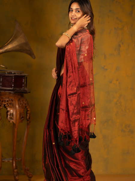 SAREEN Deep Wine Gini Raga Cotton Tissue Saree with Subtle Gold Detailing
