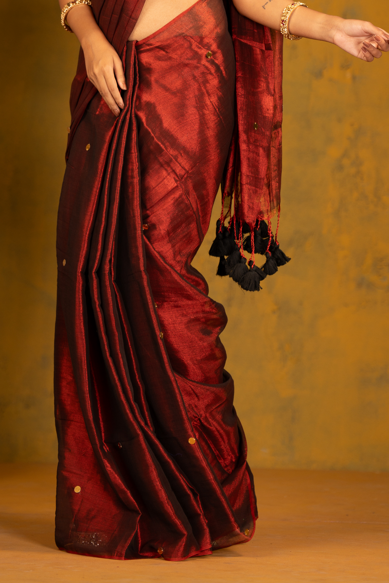 SAREEN Deep Wine Gini Raga Cotton Tissue Saree with Subtle Gold Detailing