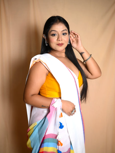 SAREEN White Multicolor Mal Cotton Saree – Soft Rainbow Elegance