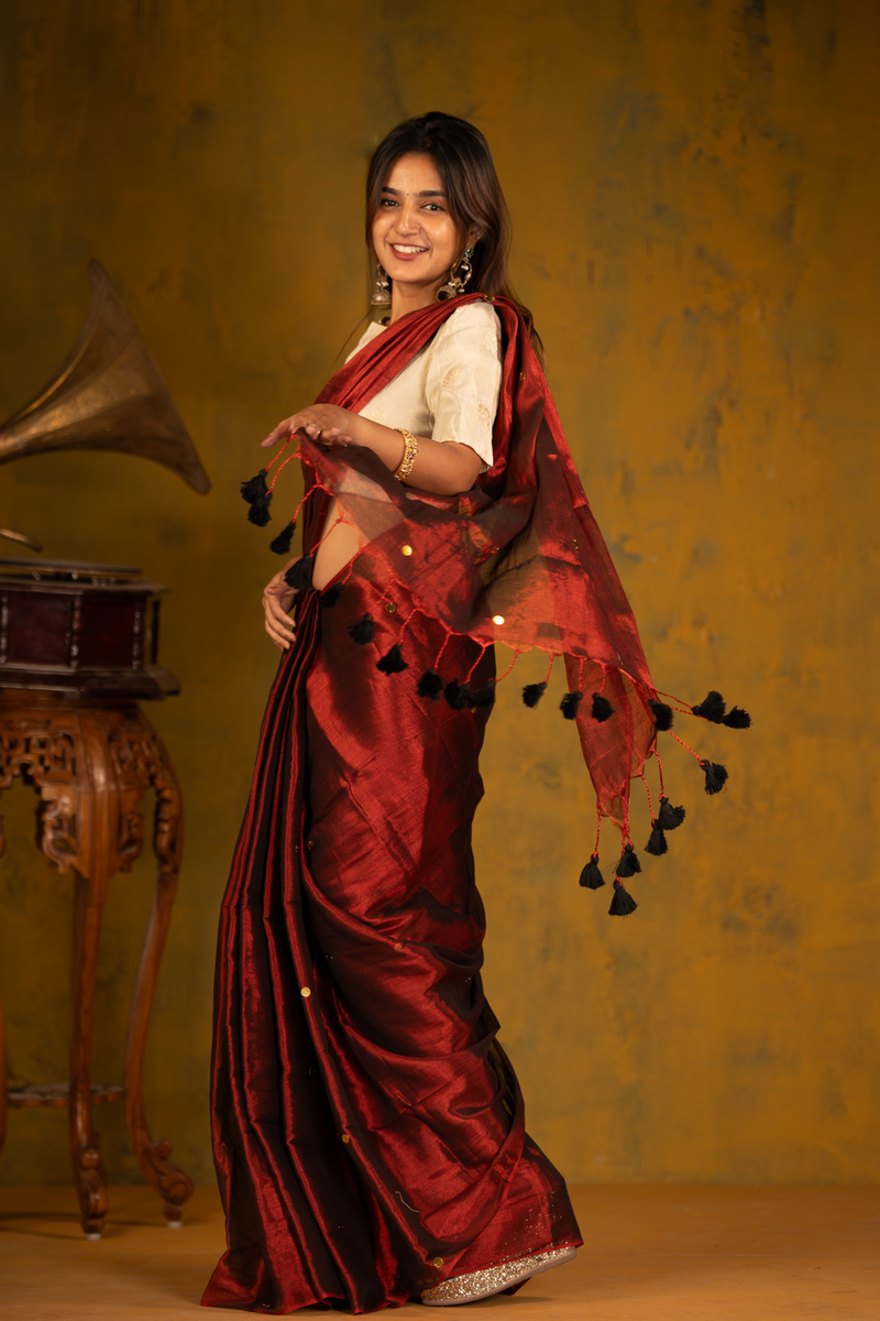 SAREEN Deep Wine Gini Raga Cotton Tissue Saree with Subtle Gold Detailing