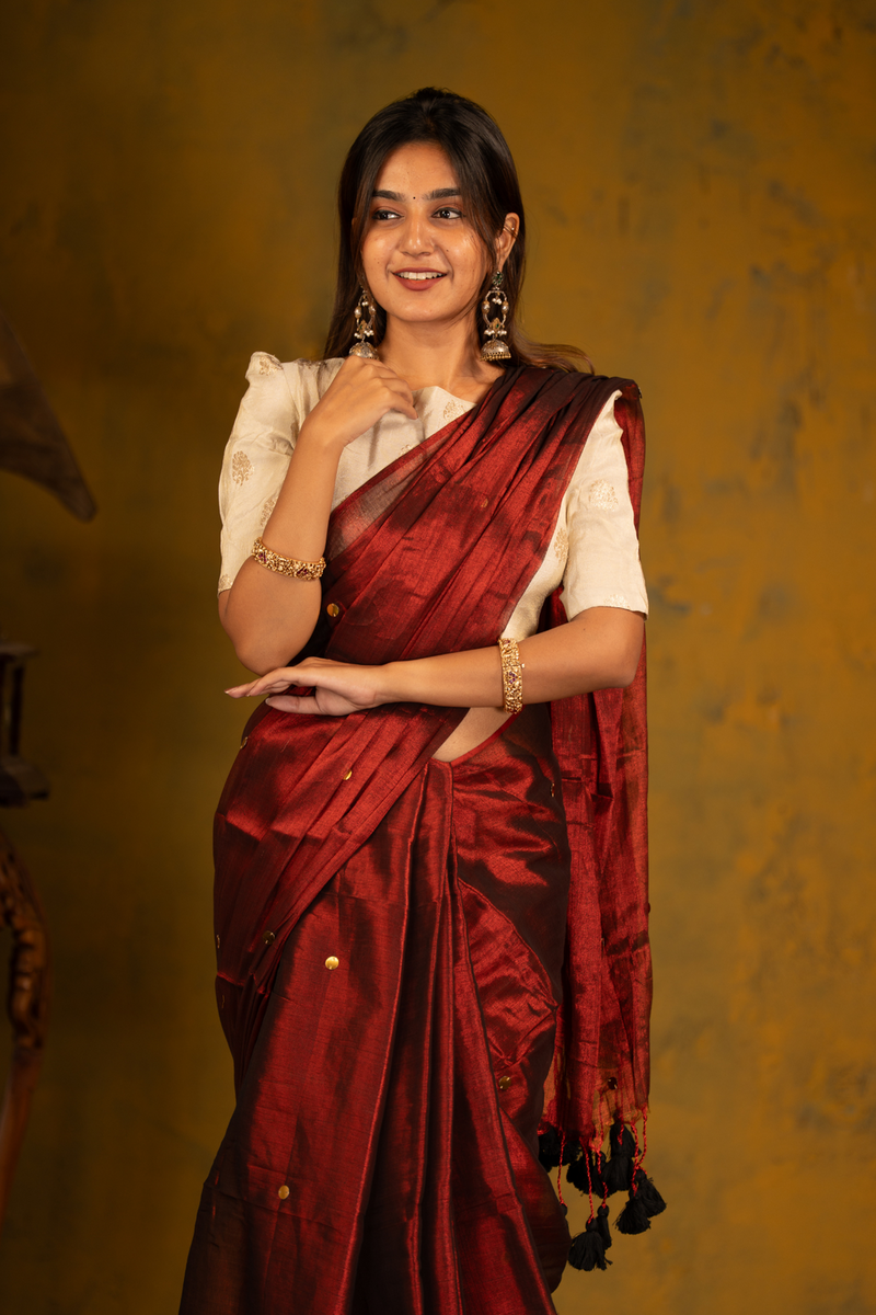 SAREEN Deep Wine Gini Raga Cotton Tissue Saree with Subtle Gold Detailing