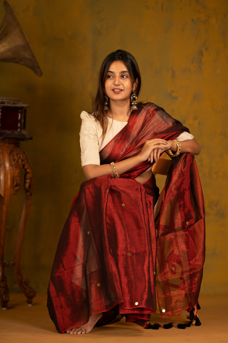 SAREEN Deep Wine Gini Raga Cotton Tissue Saree with Subtle Gold Detailing