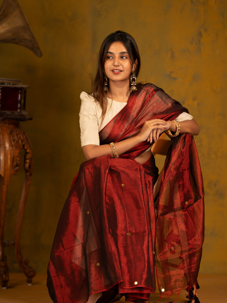 SAREEN Deep Wine Gini Raga Cotton Tissue Saree with Subtle Gold Detailing