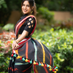 SAREEN Black Striped Mal Cotton Saree with Multicolor Border & Tassels