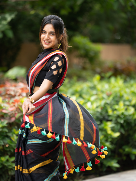 SAREEN Black Striped Mal Cotton Saree with Multicolor Border & Tassels
