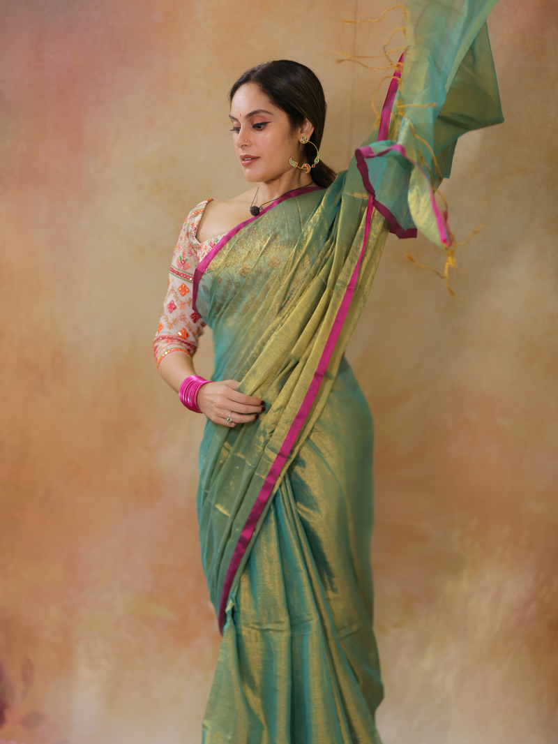 SAREEN Emerald Green Raga Cotton Tissue Saree with Golden Glow