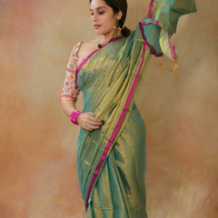 SAREEN Emerald Green Raga Cotton Tissue Saree with Golden Glow