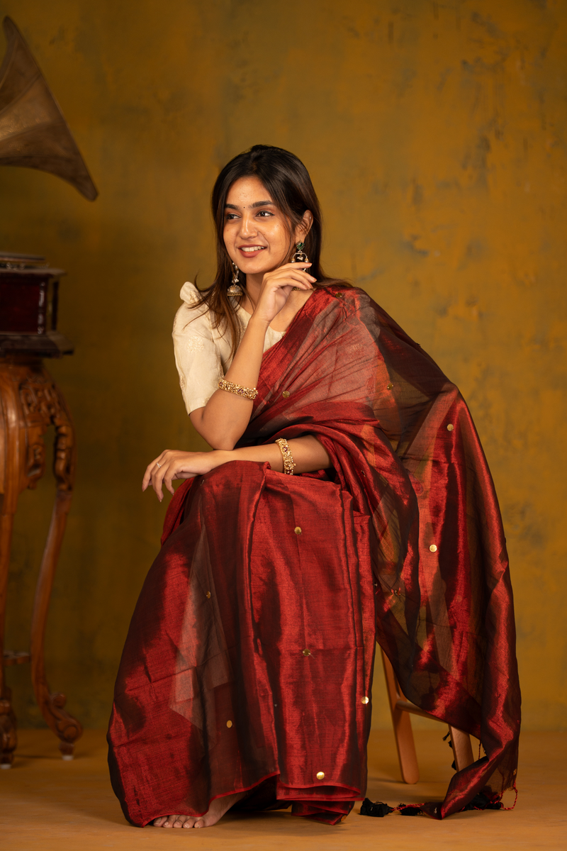 SAREEN Deep Wine Gini Raga Cotton Tissue Saree with Subtle Gold Detailing