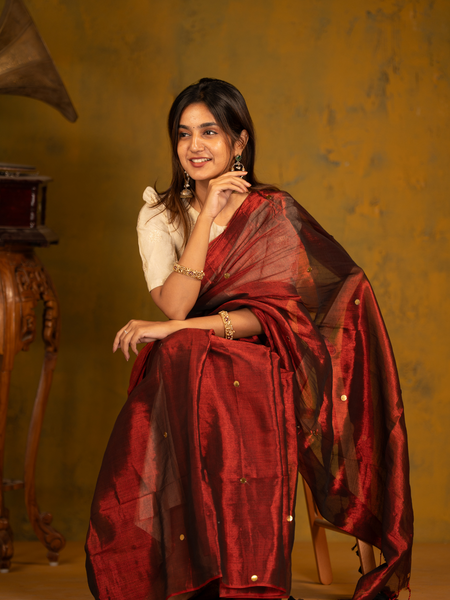 SAREEN Deep Wine Gini Raga Cotton Tissue Saree with Subtle Gold Detailing