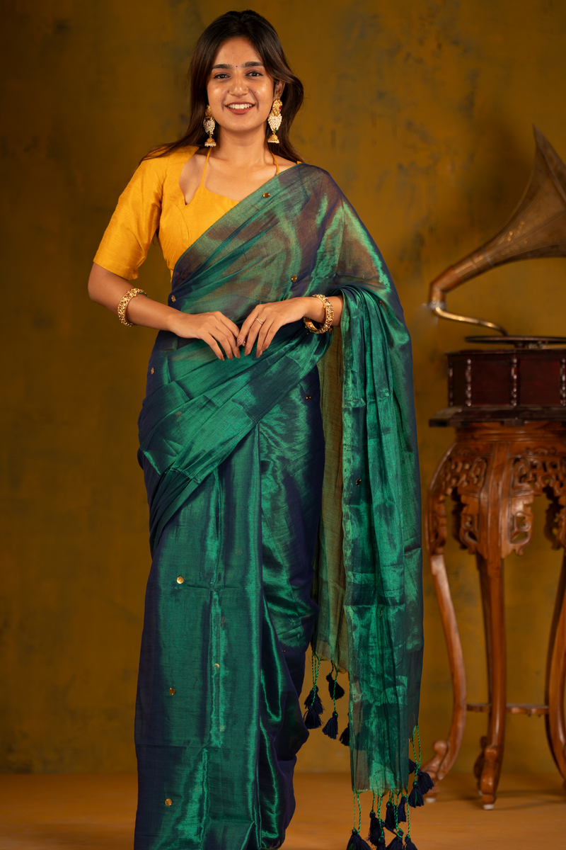 SAREEN Emerald Green Gini Raga Cotton Tissue Saree with Gold Dot Accents