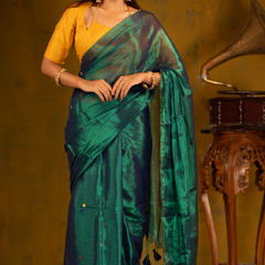 SAREEN Emerald Green Gini Raga Cotton Tissue Saree with Gold Dot Accents