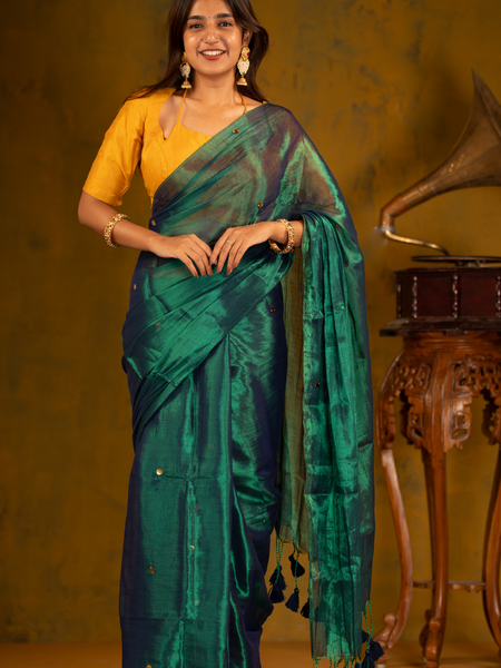 SAREEN Emerald Green Gini Raga Cotton Tissue Saree with Gold Dot Accents