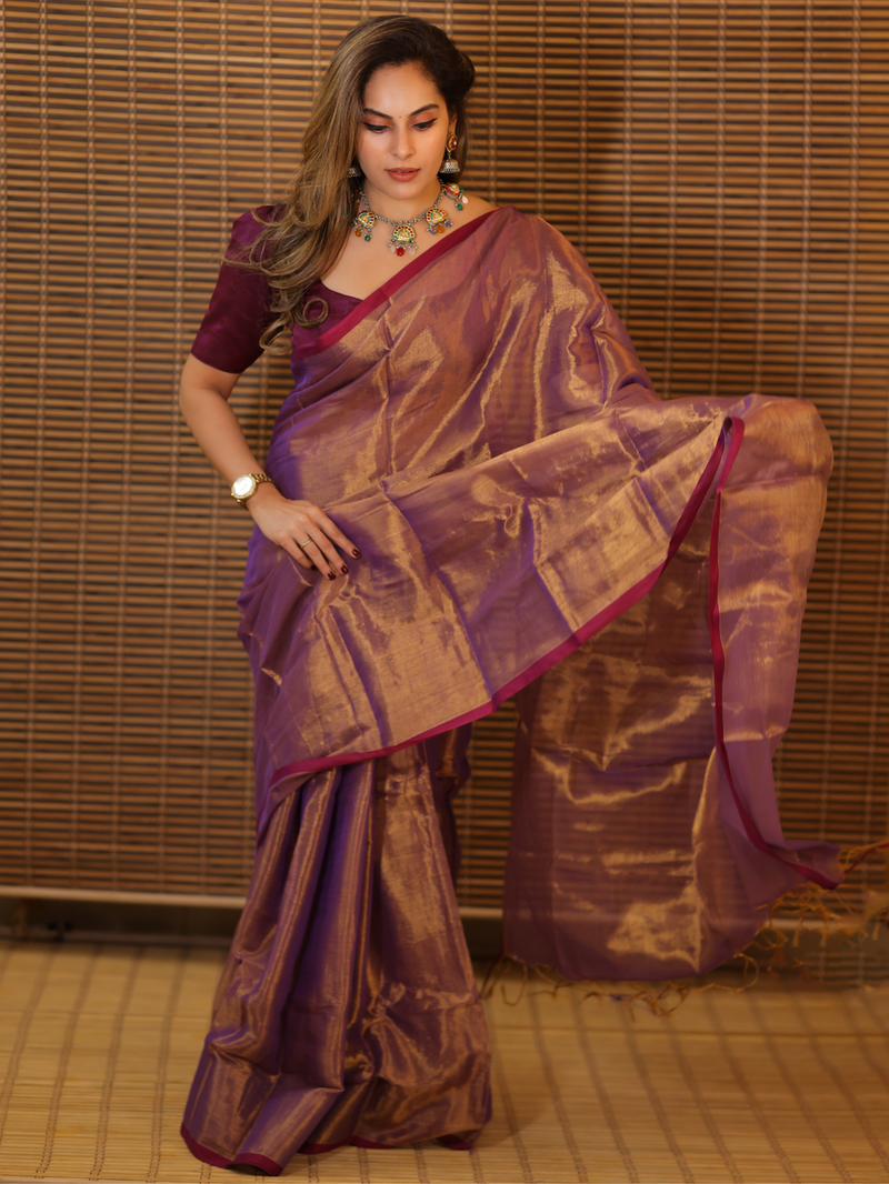 SAREEN Purple Copper Raga Cotton Tissue Saree with Elegant Border