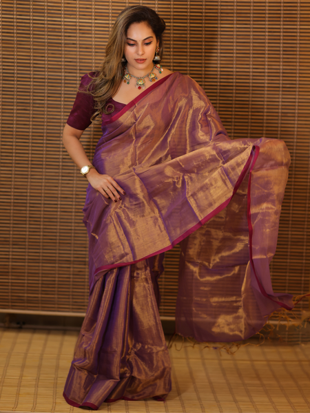 SAREEN Purple Copper Raga Cotton Tissue Saree with Elegant Border