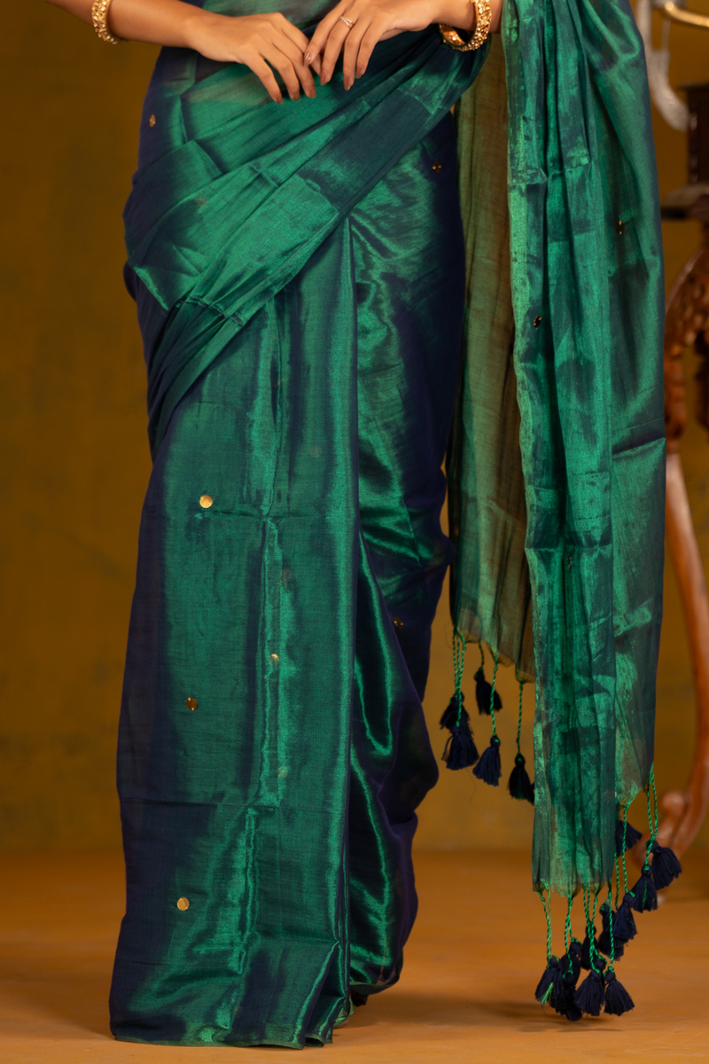 SAREEN Emerald Green Gini Raga Cotton Tissue Saree with Gold Dot Accents