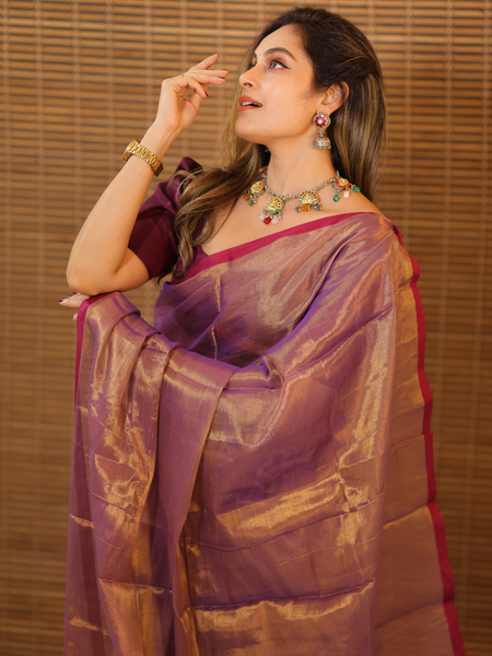 SAREEN Purple Copper Raga Cotton Tissue Saree with Elegant Border